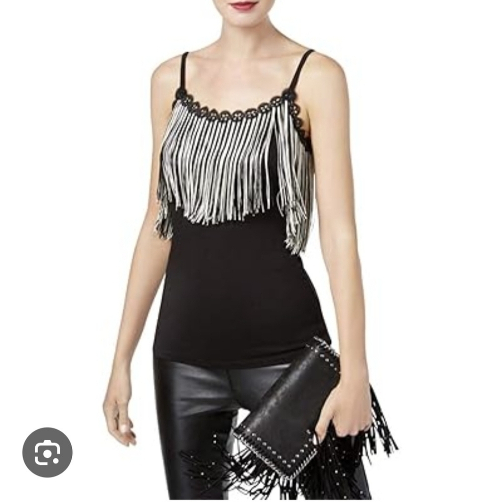 Anna Sui x INC Fringe Tank Top Black Adjustable Straps Size L